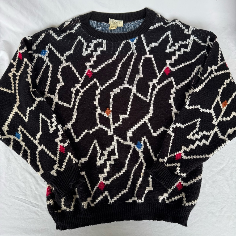 Sears Black and White Crewneck Sweater with Red and Blue Accents